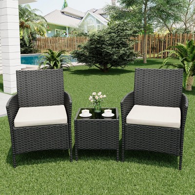 Whizmax 3-Piece Patio Furniture Set - Wicker Conversation Set with Cushions & Glass Coffee Table, Outdoor Rattan Sofa for Garden, Poolside, Balcony
