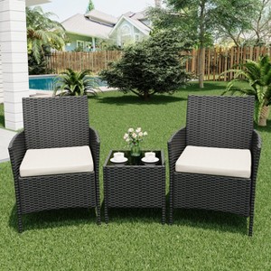 Whizmax 3-Piece Patio Furniture Set - Wicker Conversation Set with Cushions & Glass Coffee Table, Outdoor Rattan Sofa for Garden, Poolside, Balcony - 1 of 4