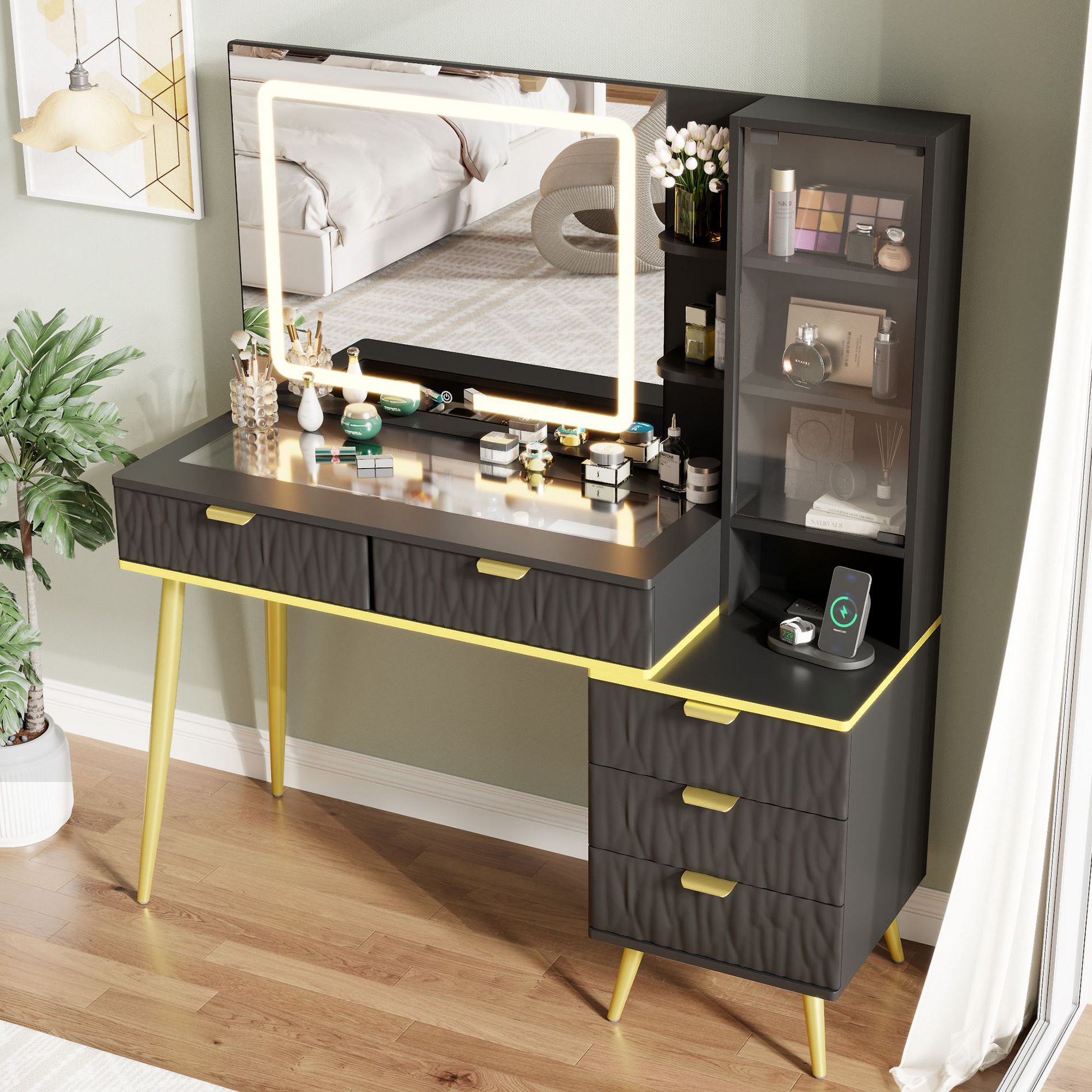 48" Makeup Vanity with Glass Top, Modern  Big Vanity Desk with 3 Lighting Modes Mirror & 5 Drawers