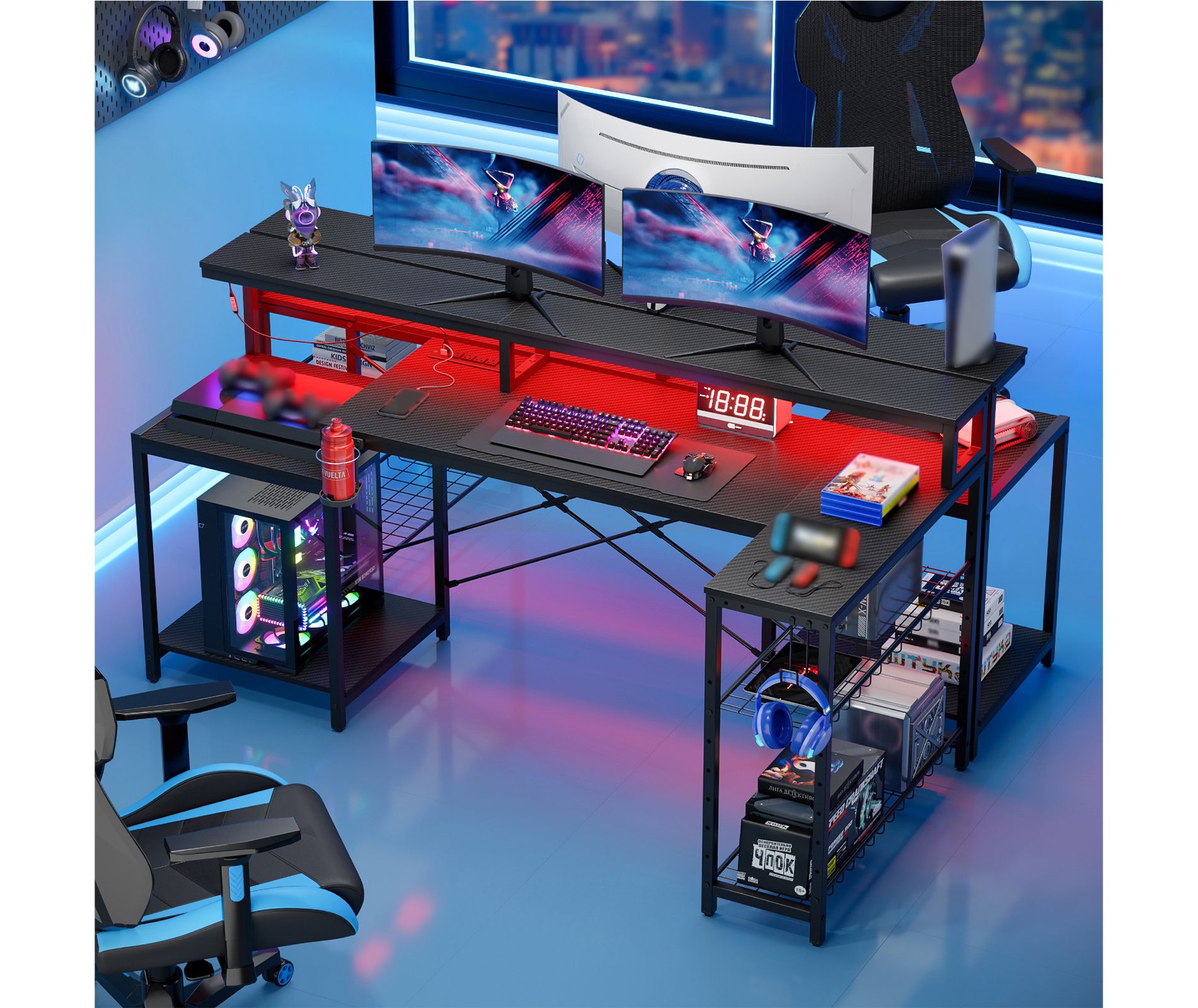 Bestier 71.5” Gaming Desk with Power Outlet, L-Shaped Computer Desk with Monitor Stand, Corner Gamer Table with Adjustable shelf & Headphone hook