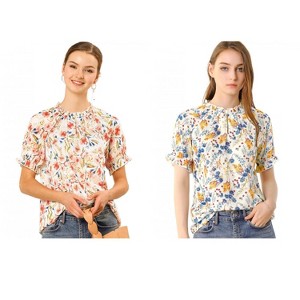 Allegra K Women's Short Sleeve Ruffled Floral Mock Neck Summer Top 2 Pcs - 1 of 4