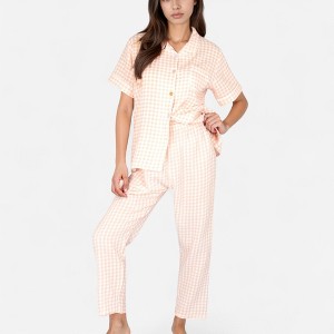 Anna-Kaci Lounge Women's Gingham Print Two-Piece Pajama Set with Short Sleeve Button Top and Relaxed Fit Pants - 1 of 4