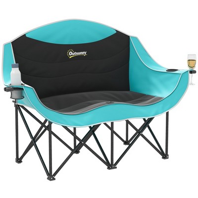 Outsunny Double Camping Chair for Adults, Padded Folding Camp Chair with Armrests, Cup Holders, Green