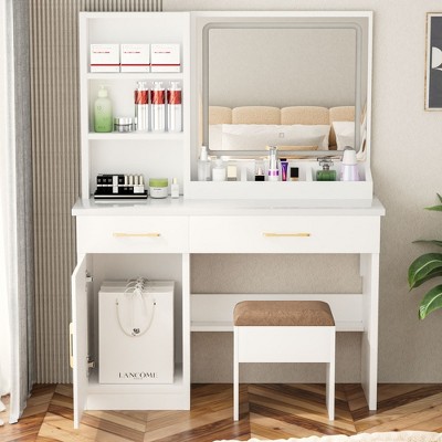 CAVINAS 32" Vanities with Led Lights with Power Socket Small Makeup Vanity Modern Vanity with Mirror and Lights for Bedroom