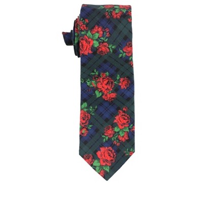 bar III Mens Rose Tartan Plaid Floral Self-tied Necktie