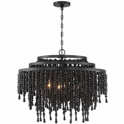 Matte Black Crystal Cascade 6-Light Chandelier with Black Wood Beads