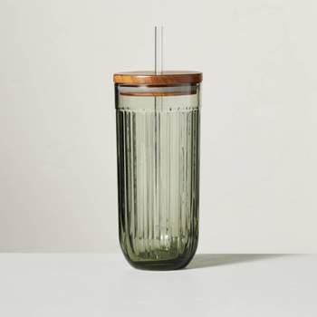 21oz Fluted Glass Tumbler with Wood Lid Green - Hearth & Hand™ with Magnolia