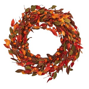 Nearly Natural 20-in Harvest Leaf and Mini Pumpkin Artificial Wreath - 1 of 4