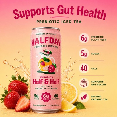 Halfday Prebiotic Iced Tea Strawberry Lemonade Half and Half - 12 fl oz Can