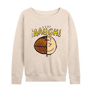 Women's - Peanuts - C Brown Half Football Head Lightweight French Terry Wide Neck Long Sleeve Shirt - 1 of 4