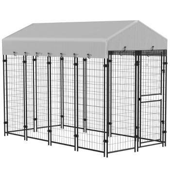 PawHut 7.8' x 6' Dog Kennel Outdoor with Waterproof Cover, Dog Playpen for Extra Large Dogs with Two Part Door Design, Silver