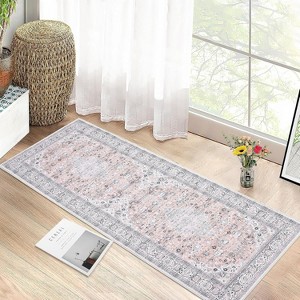 Bohemian Washable Runner Rug, Kitchen Rug, Vintage Floral Print, Non-Slip Backing, Low-Pile Polyester for Bathroom Hallway Entryway - 1 of 4