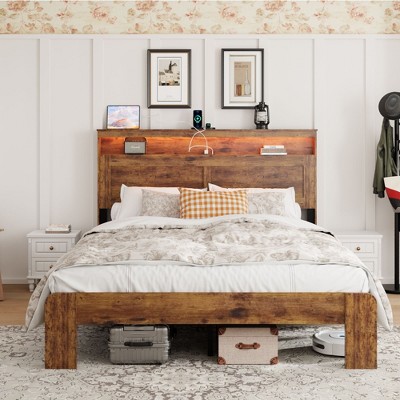 NicBex Queen/King Bed Frame,Wood Bed Frame with Storage LED Headboard and 2 USB,Large Under Bed Storage,Platform Bed No Box Spring Required