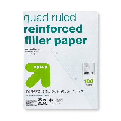 100ct Quad Ruled Filler Paper Reinforced - up&up™: Quadrille Ruled, 10.5x8 Inches, White, 20 lb, Loose Leaf, 100 Sheets