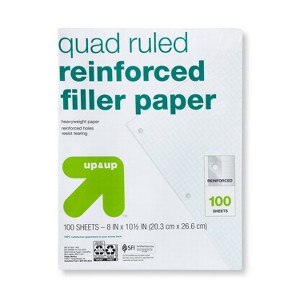 100ct Quad Ruled Filler Paper Reinforced - up&up™: Quadrille Ruled, 10.5x8 Inches, White, 20 lb, Loose Leaf, 100 Sheets - 1 of 3