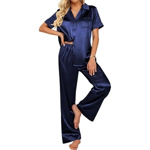 Ekouaer Silk Pajamas for Womens Set 2 Piece Satin Pjs Soft Button Down Sleepwear Wide Leg Long Pants with Pockets - 1 of 1