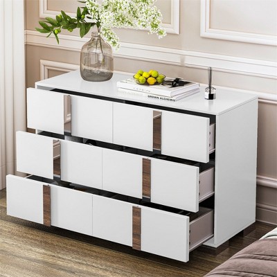 Modern Dresser With 6 Drawers, Wide Chest Of Drawers With Metal Mirrored Handle Legs, Storage Organizer Cabinet For Closet Living Room Bedroom