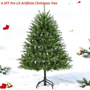 4.5FT/6FT/7.5FT/9 FTPre-Lit Artificial Christmas Tree w/ Multi-Color Lights Green PE & PVC Xmas Tree Hinged Branches & Foldable Metal Stand - 1 of 4