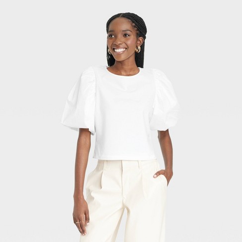 Women's Puff Short Sleeve T-shirt - A New Day™ White M : Target