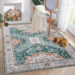 Persian Distressed Floral Washable Rug with TPR Backing, Plush 350GSM Chenille,Throw Rugs, Non-Slip Indoor Carpet for Entryway, Bedroom, Kitchen - 1 of 4