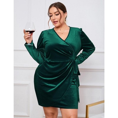 YesFashion Womens Plus Size Long Sleeve Velvet Mini Dress Wrap V Neck Ruched Bodycon Cocktail Party Club Dress
