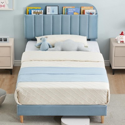 homfan Bed Frames, Upholstered Platform Bed Frame with Bookcase Headboard, Velvet Platform Bed Mattress Foundation