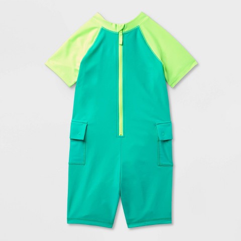 Cat & Jack Kids' Adaptive Short Sleeve One Piece Rash Guard - Cat & Jack™ Turquoise Blue/Lime Green XL