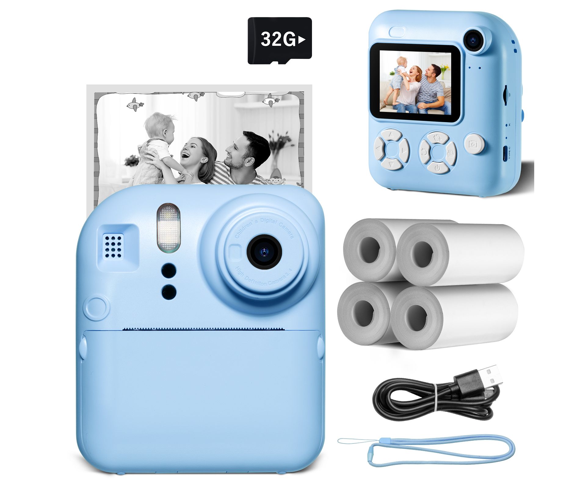 SUGIFT Kids Instant Print Camera with 32GB Card & 4 Rolls Paper, Dual-Lens 1080P Video Camera for Boys & Girls