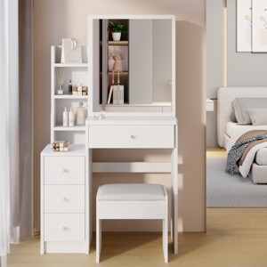 Accent Vanity Table Modern with Sliding Mirror and Cushioned Stool for Small Bedroom -29.2"W-3irtyhousy - 1 of 4