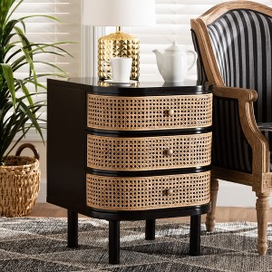 bali & pari Nabila Modern Bohemian Black Bayur Wood and Natural Rattan 3-Drawer End Table Nightstand - 1 of 4