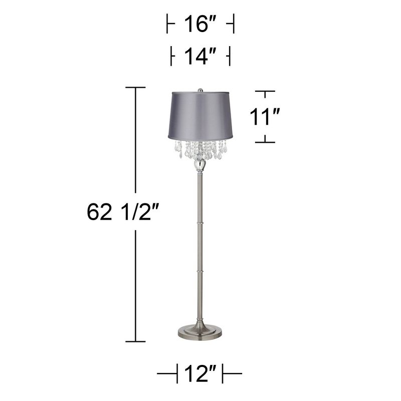 360 Lighting Modern Floor Lamp 62.5" Tall Satin Steel Chrome Crystal Chandelier Light Gray Satin Drum Shade for Living Room Reading Bedroom, 3 of 4