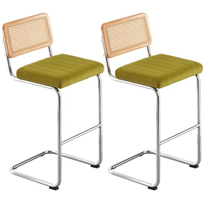 Bekrvio Bar Stools Set of 2/3/4, 26”/30" Barstool with Rattan Back, Velvet-Upholstered & Chrome Frame,Mid Century Modern Kitchen Stool for Island
