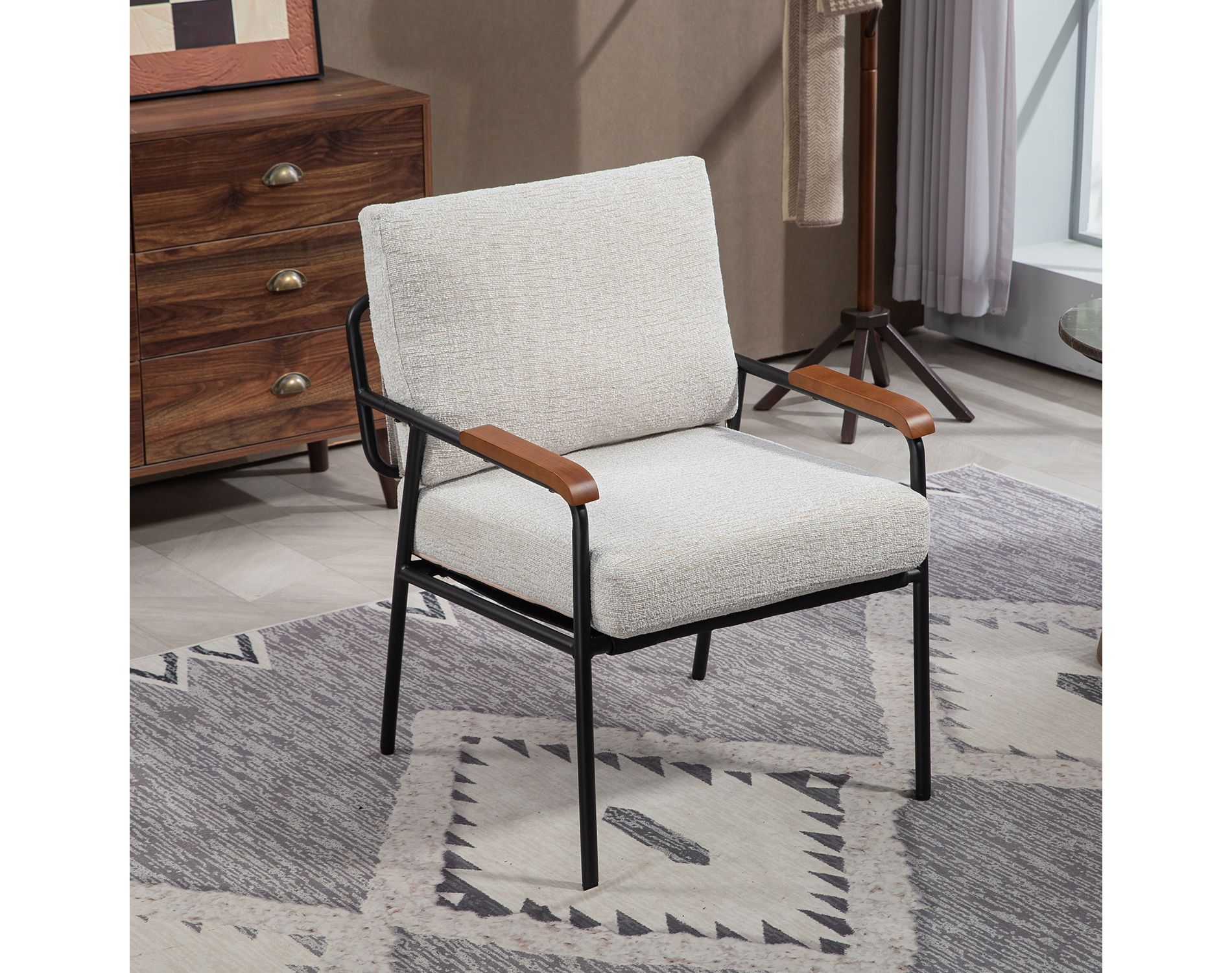 APRILSOUL  Accent Chair - Natural Wood Arms, Black Metal Frame, Comfy Lounge for Bedroom or Living Room (Set of 1)
