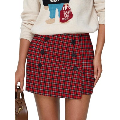EXLURA Womens Button Bodycon Mini Skirt Sexy Night Club High Waist Elastic Y2K Fall Winter Plaid Skirts