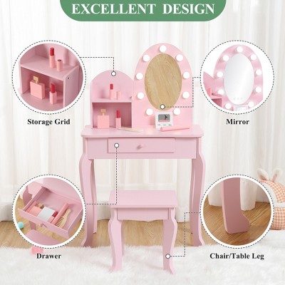 Kids Princess Vanity Set, Make Up Vanity Table with Storage Drawer, White Makeup Dressing Desk for Girls