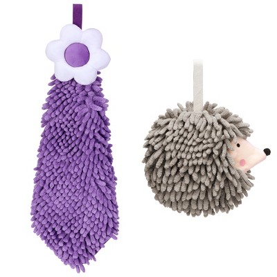 REGALWOVEN 2 Packs Chenille Hand Towel Flower and Cute Cartoon Hanging Hand Towel for Bathroom 6" x 15"/7" x 7"