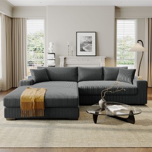 111.5" Large Corduroy Upholstered L-Shaped Sectional Sofa with Wide Chaise Longue, Thick Cushions, Cup Holders & Dual Charging Ports - 1 of 4