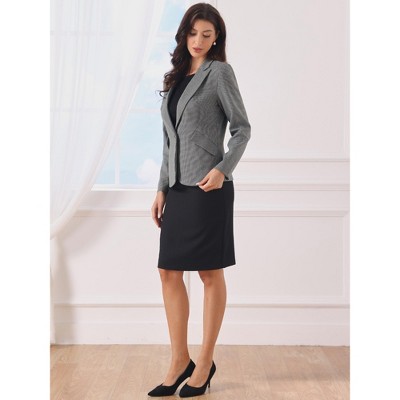 Женские пиджаки INSPIRE CHIC Women's Vintage Houndstooth Notched Lapel One Button Office Blazer Small Navy Blue — фото 4