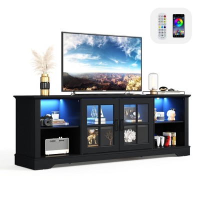 Modern Glass TV Stand for 65" TVs, Entertainment Center with LED Lights, Storage Cabinets & Adjustable Shelves