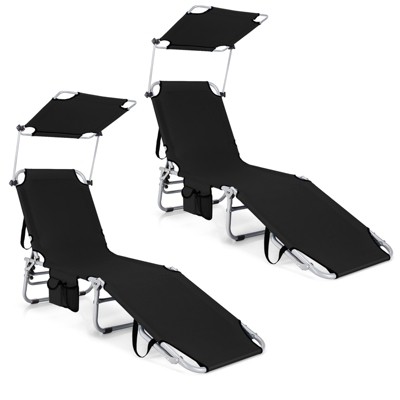 Tangkula 2PCS Foldable Sun Shading Chaise Lounge Chair Adjustable Beach Recliner Black