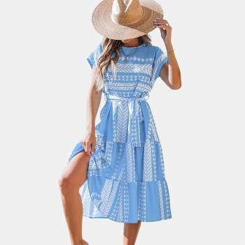 Women's Blue and White Geometric Patchwork Midi Dress -Cupshe