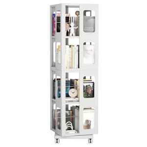 SEVOBAL Utility Storage Shelves 4-Tier Rotating Bookshelf with Wheels, Large Size Sturdy Spacious Book Rack Bookshelf, White, 16.54"*16.54"*54.72" - 1 of 4
