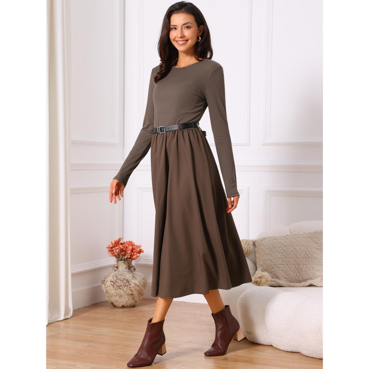 Женские платья INSPIRE CHIC Women's Casual Midi Round Neck Long Sleeve Flowy Fall Dresses with Belt Coffee Small 2 Packs Coffee/Black Large — фото 2