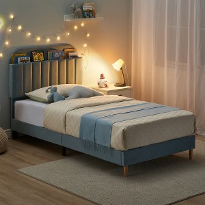 Twin/ Twin XL/Full Size Kids Bed Frame with Storage Headboard, Boucle Upholstered Platform Bed with Bookcase, No Box Spring Needed, Easy Assembly - 1 of 4