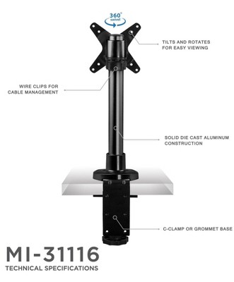 Black Adjustable Single Monitor Desk Mount with C-Clamp