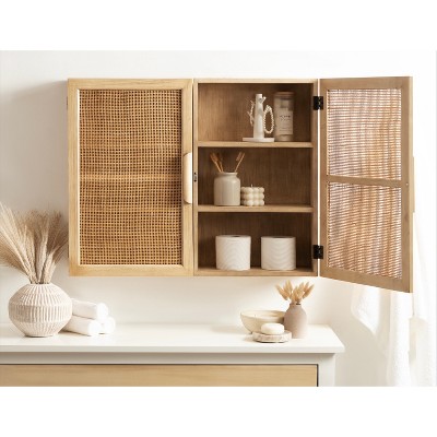 Natural Rattan and Wood Wall Cabinet with Shelves
