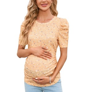 Women's Floral Puff Sleeve Ruched Side Tunic Blouses Shirts - 1 of 1