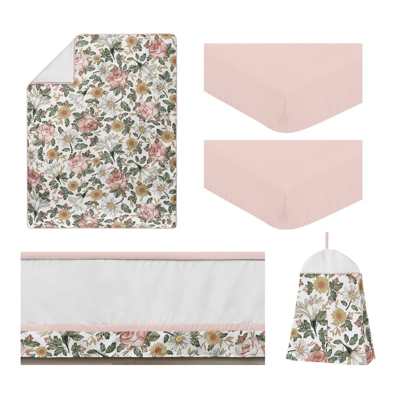 Sweet Jojo Designs Girl Baby Crib Bedding Set - Vintage Floral Pink Green Yellow 5pc, 2 of 7