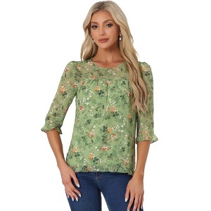 INSPIRE CHIC Women's Round Neck Ruffle 3/4 Sleeve Floral Print Chiffon Blouse - 1 of 4