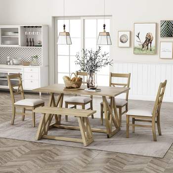 6 PCS Wood Dining Table Set with Cross Legs, Wood Bench and 4 Dining Chairs-ModernLuxe